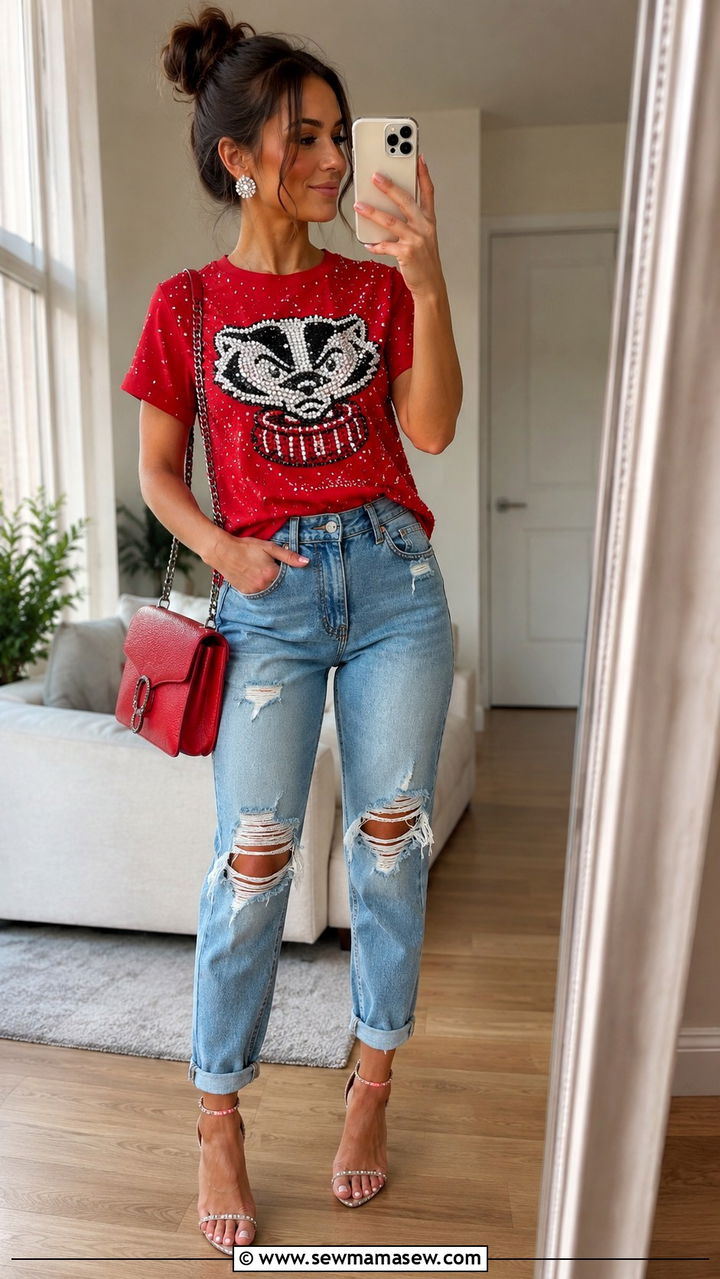 Bedazzled Wisconsin Shirt And Distressed Jeans Outfit - 20 Gameday outfit ideas Wisconsin