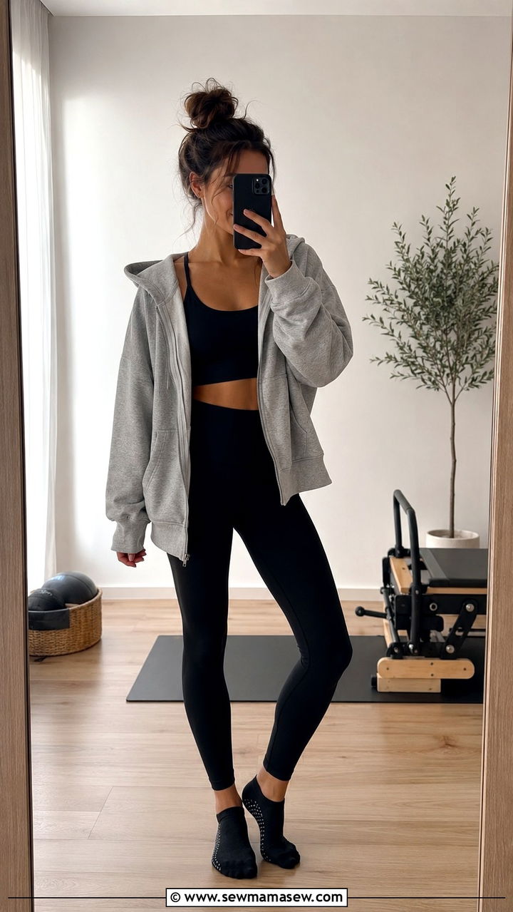 Beginner Pilates outfit with hoodie and leggings - 25 Pilates outfit ideas for beginners
