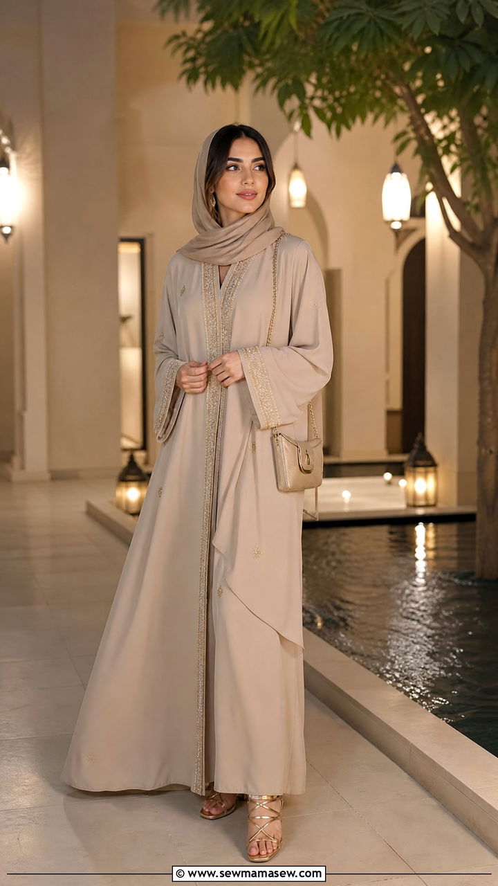 Beige Abaya With Gold Accessories - 25 March Ramadan outfit ideas