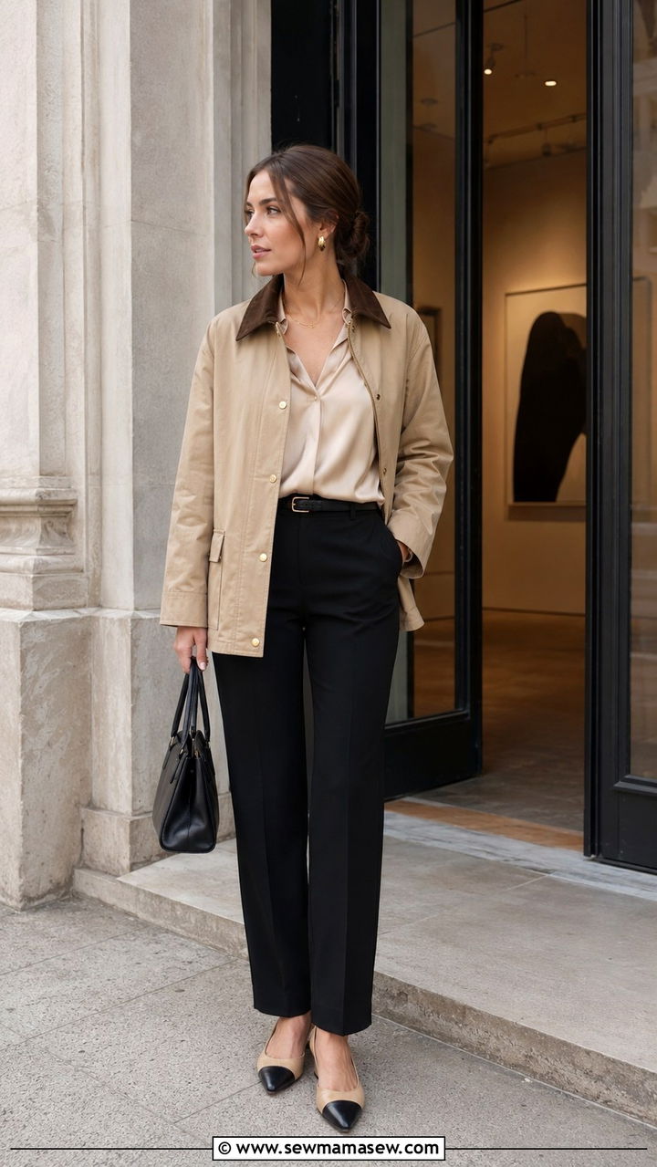 Beige Barn Jacket With Silk Blouse And Cigarette Trousers - 25 Old money outfit ideas with barn jacket