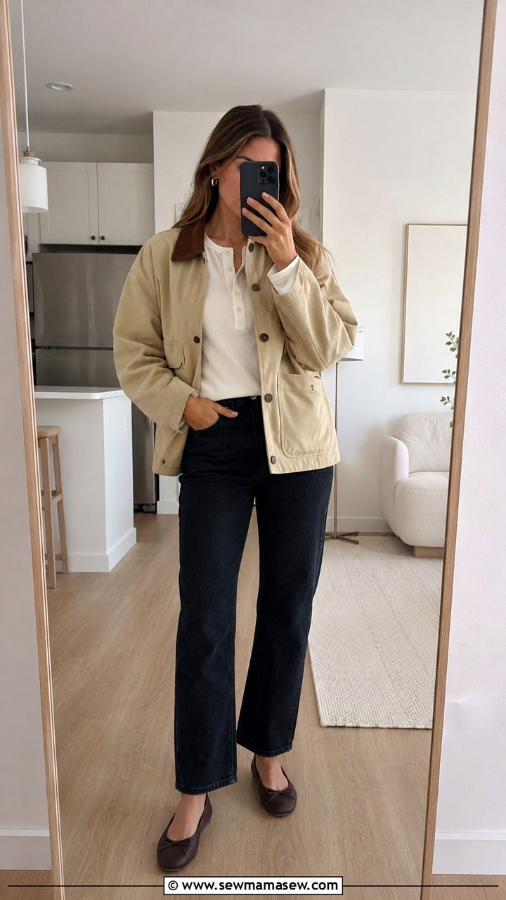 Beige Barn Jacket With White Henley And Chocolate Ballet Flats - 25 Old money outfit ideas with barn jacket