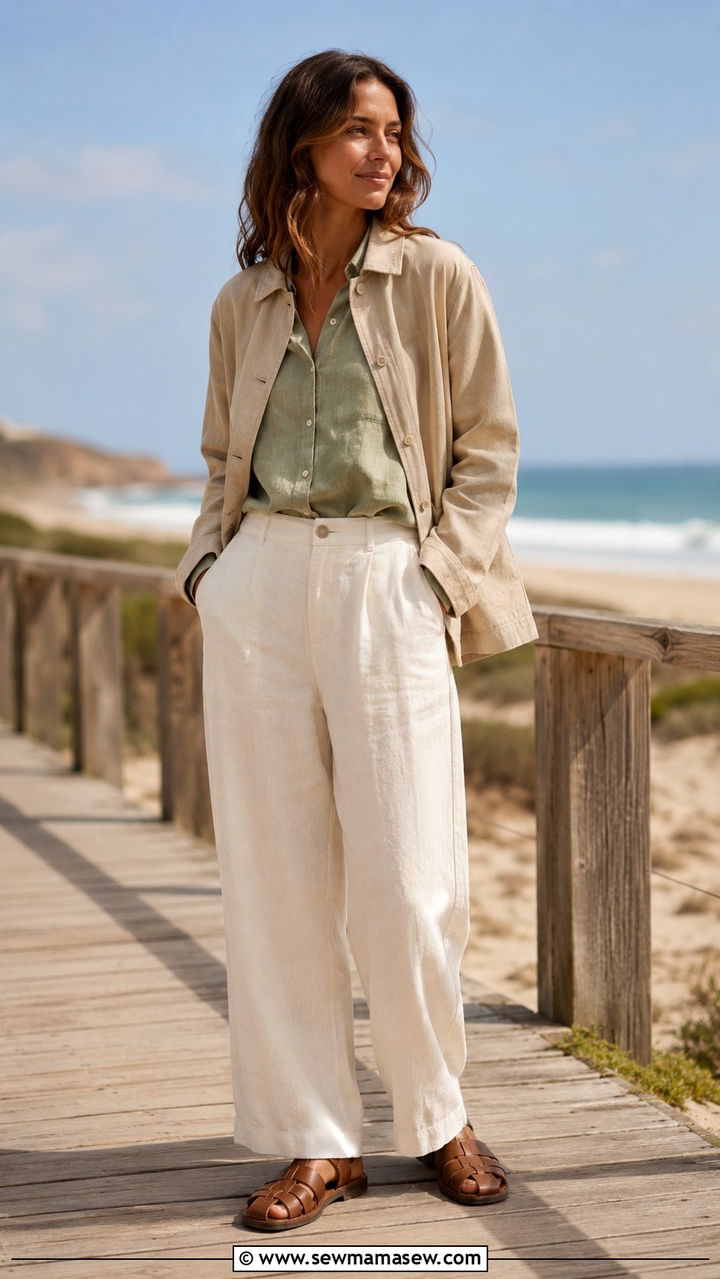 Beige Barn Jacket With Wide Leg Linen Trousers And Fisherman Sandals - 25 Old money outfit ideas with barn jacket