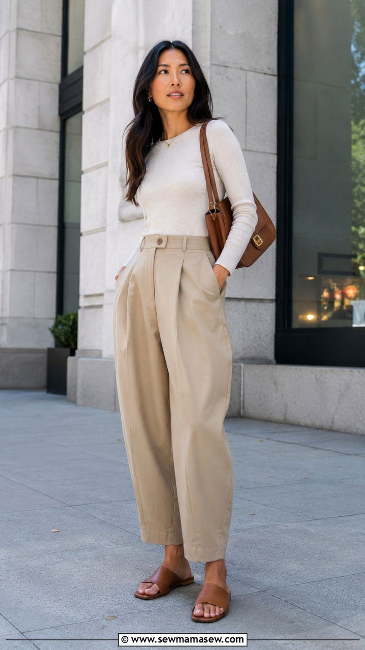 Beige Barrel Trousers With Fitted Knit Top - 30 Spring outfits with trousers