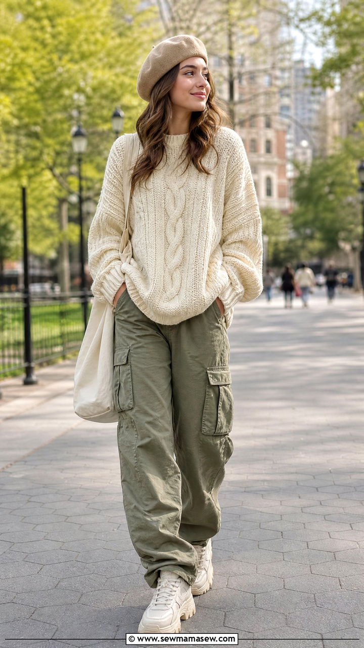 Beige Beret With Oversized Sweater And Cargo Pants - 25 How to style a beret