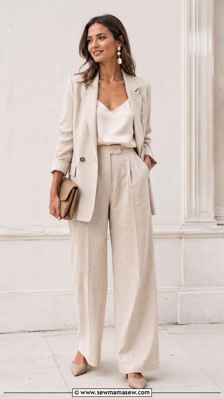 Beige Blazer And Tailored Trousers With A Silk Camisole - 25 Beige dress outfit ideas for wedding guest
