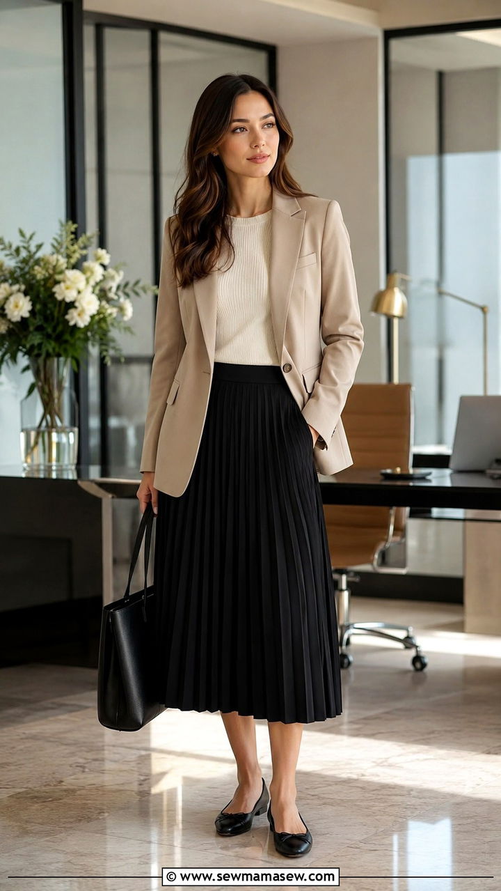 Beige Blazer With Black Pleated Skirt And Ballet Flats - 30 Pleated skirt outfit ideas with a blazer