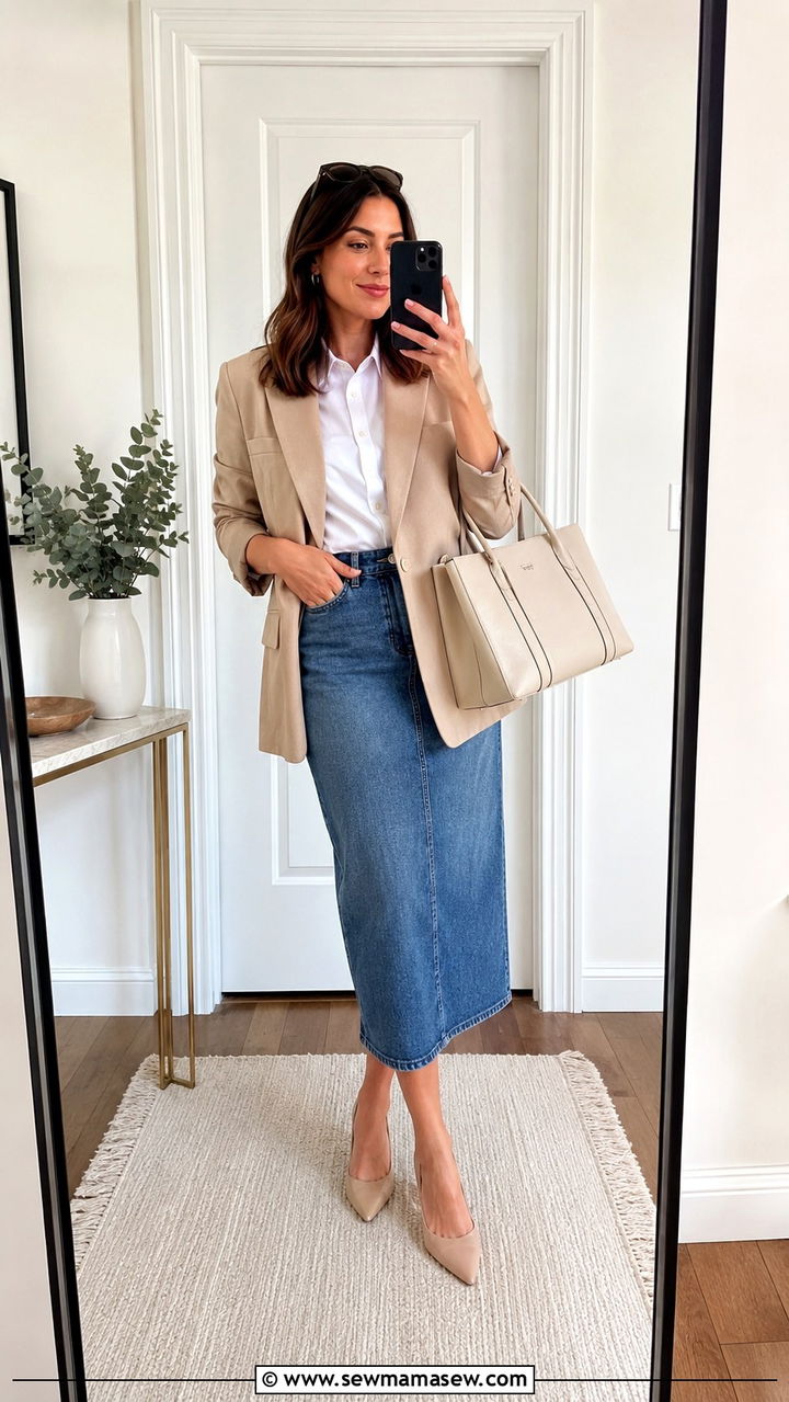 Beige Blazer With Denim Midi Skirt - 30 Denim skirt outfit ideas with a blazer