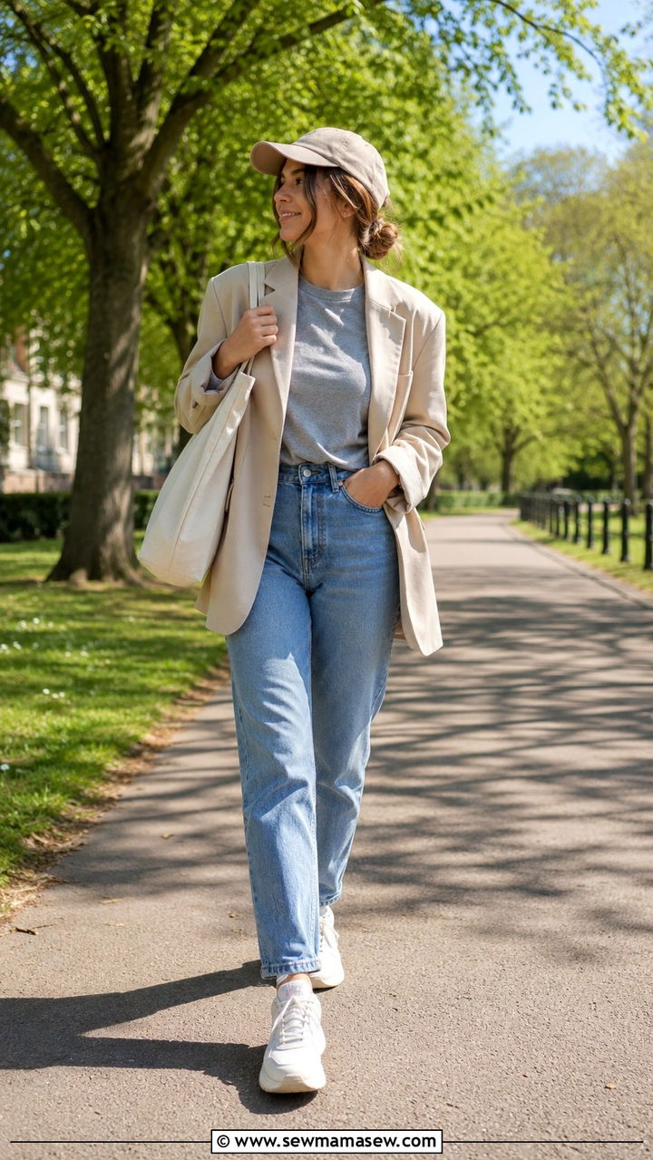 Beige Blazer With High Waisted Mom Jeans - 30 High waisted jeans outfit ideas with a blazer