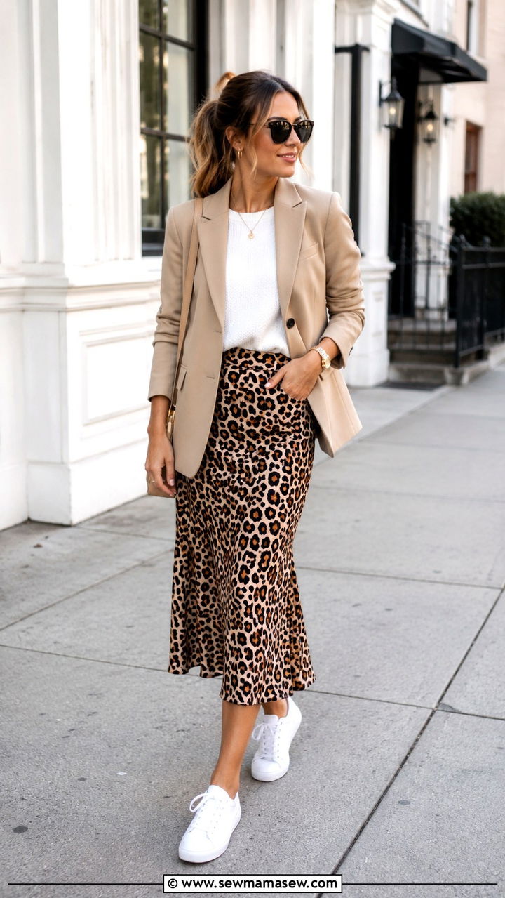 Beige Blazer With Leopard Print Midi Skirt - 25 Old money outfit ideas with blazer