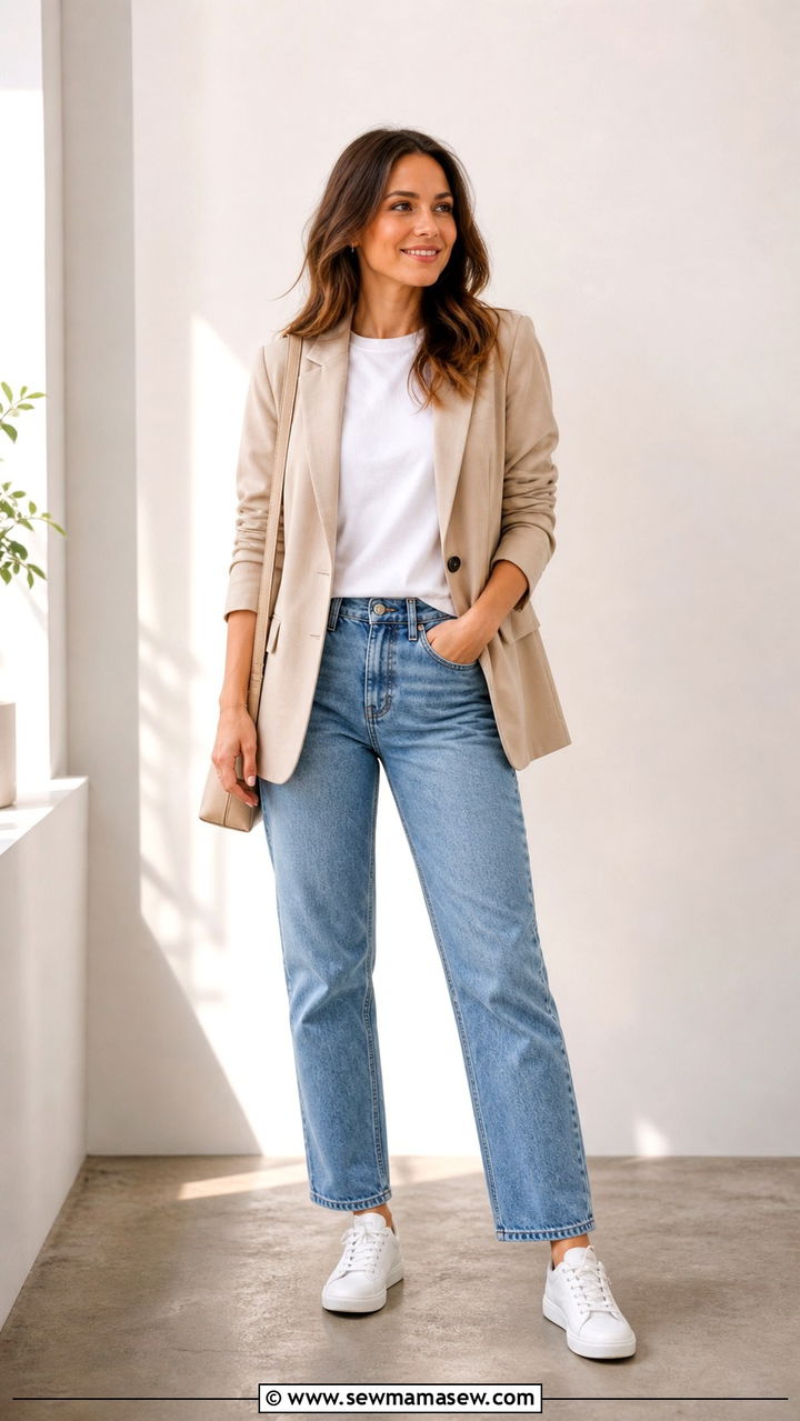 Beige Blazer With White T Shirt and Straight Leg Jeans - 40 First day of work outfits