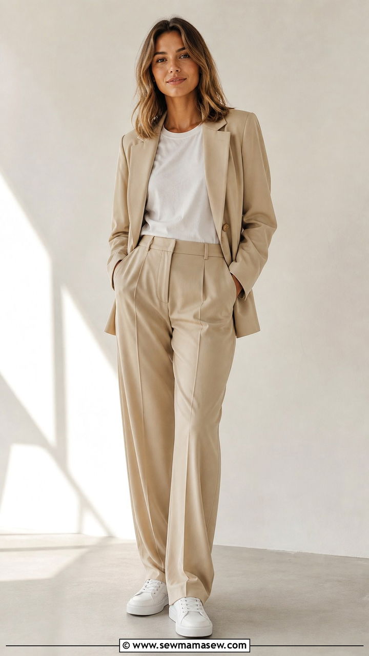 Beige Blazer With White Tee And Matching Beige Trousers - 40 casual blazer outfits