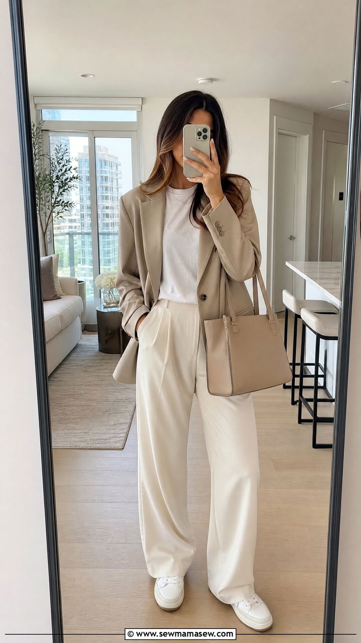 Beige Blazer With White Tee And Wide Leg Trousers - 30 clean girl outfits ideas