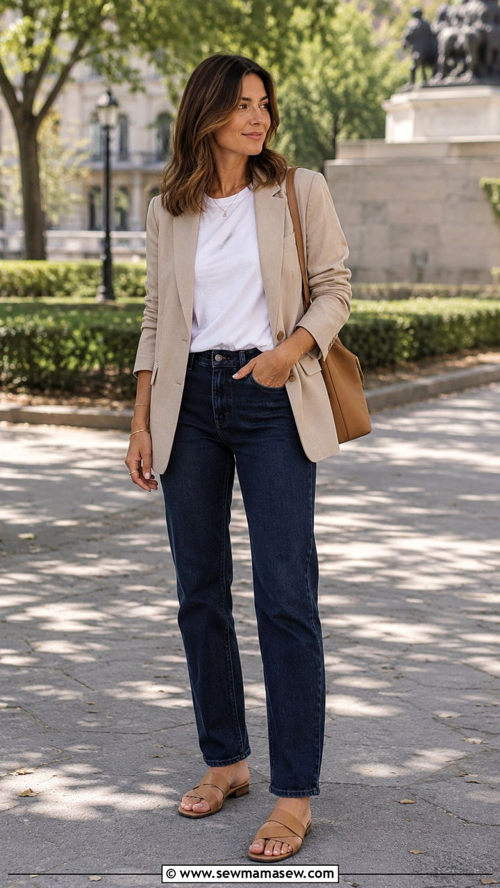 Beige Blazer With White Tee and Dark Denim Outfit - 30 casual quiet luxury outfits