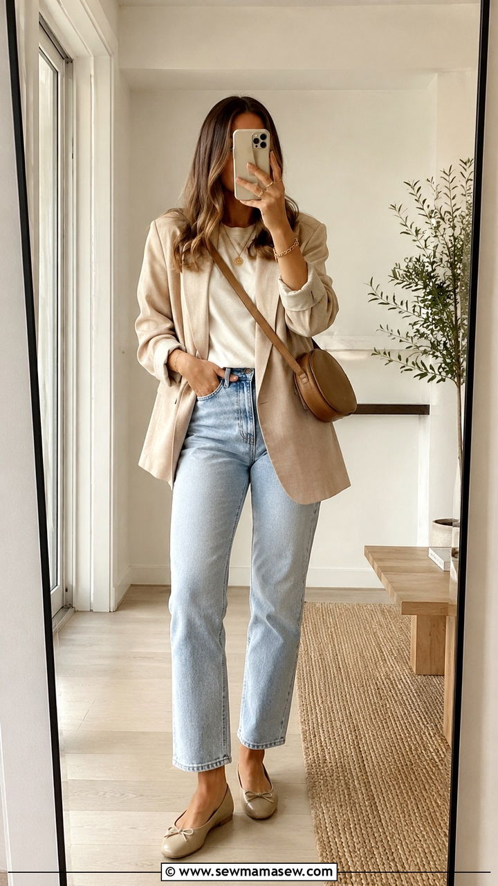 Beige Blazer and Light Wash Denim - 30 minimalist outfit ideas for women