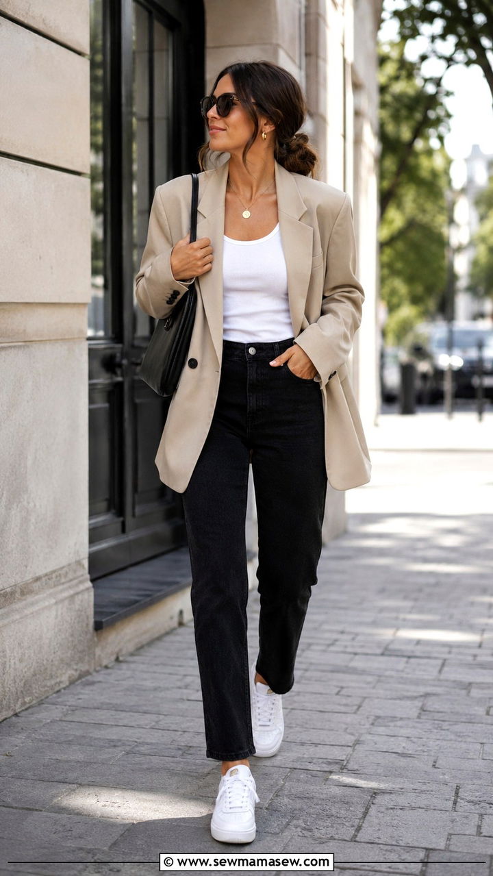 Beige Blazer with Black Jeans and White Sneakers - 25 Black jeans outfit ideas with a blazer