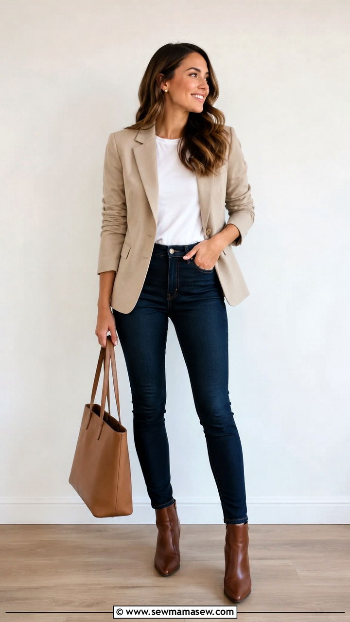 Beige Blazer with Dark Wash Skinny Jeans Outfit - 30 Skinny jeans outfit ideas with a blazer