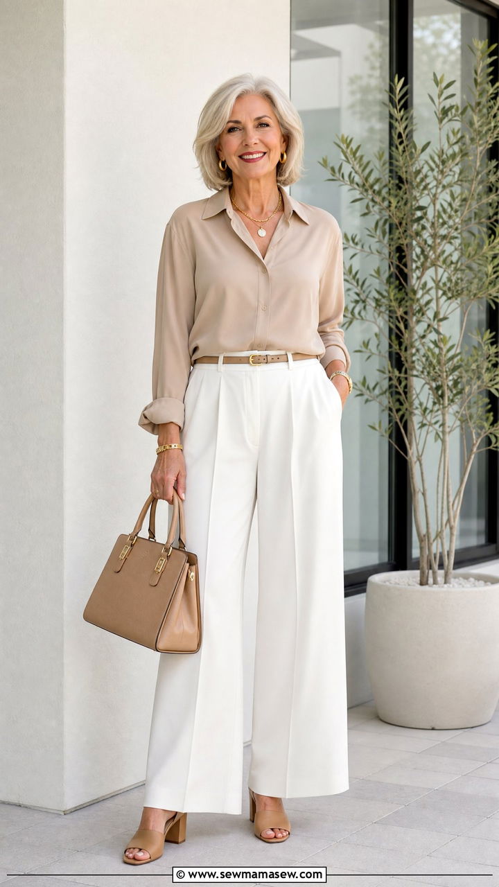 Beige Blouse With White Wide Leg Trousers - 30 Modest outfits for women over 50