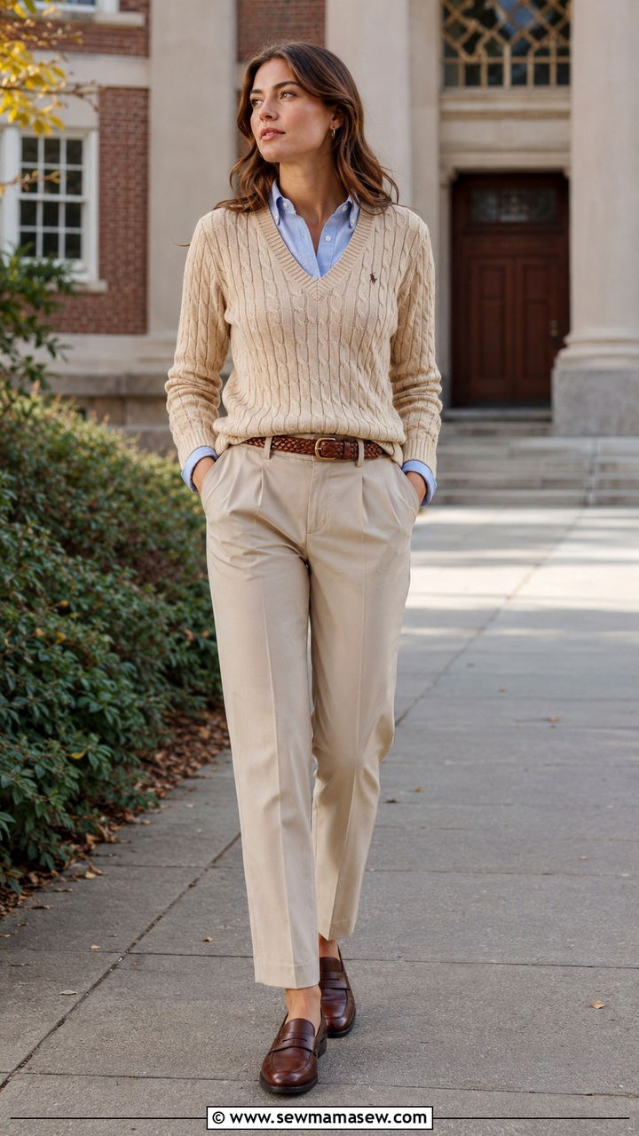 Beige Cable Knit V Neck Over a Collared Oxford with Straight Leg Trousers - 25 Old money outfit ideas with cable knit