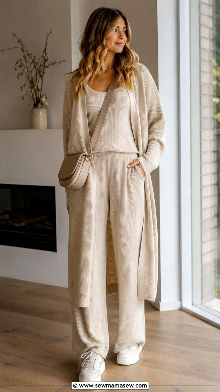 Beige Cardigan Layered Over Tank and Pants Set - 25 Beige loungewear set outfit ideas