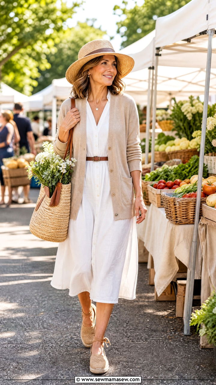 Beige Cardigan Outfit with Linen Midi Dress and Espadrilles - 25 light academia outfit ideas for women over 40