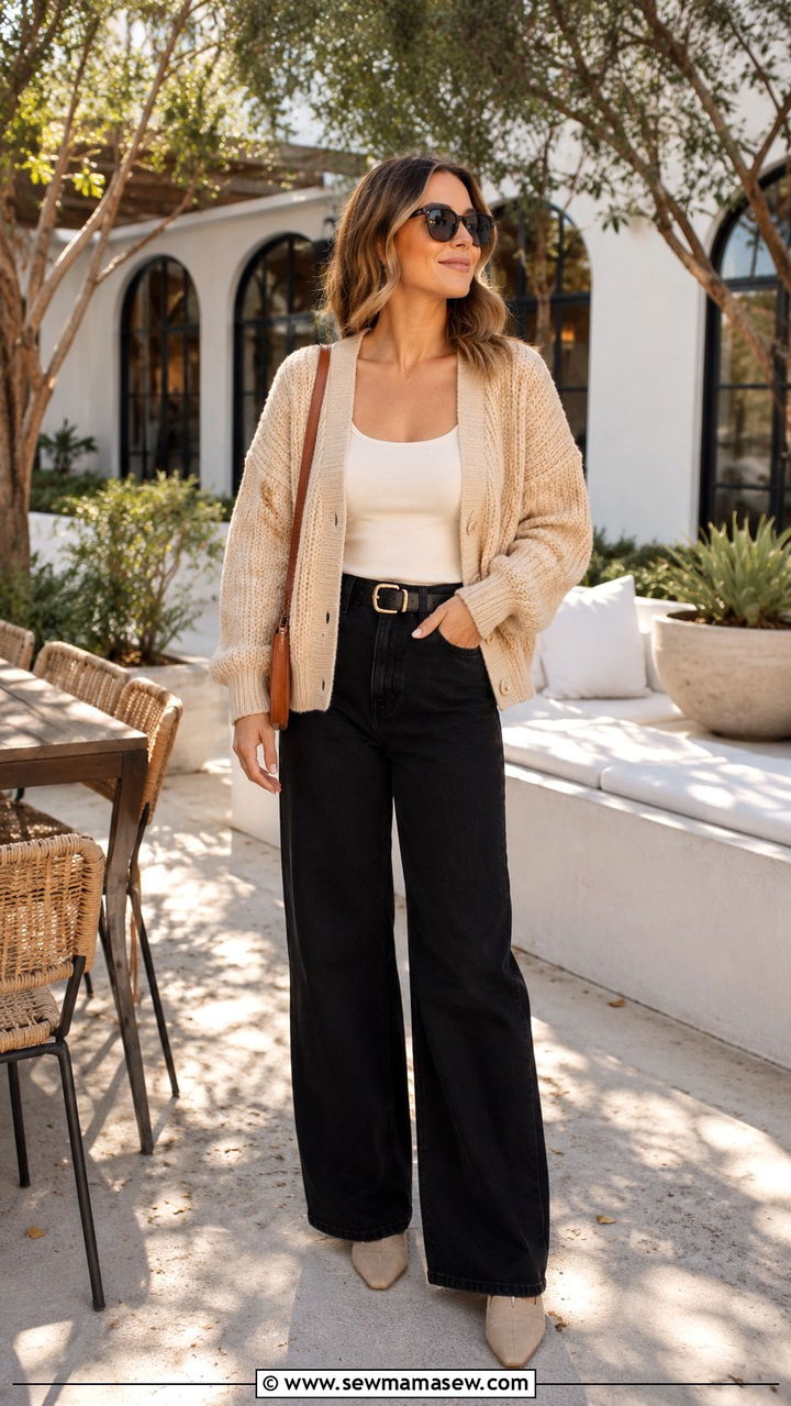 Beige Cardigan With Black Jeans And Tank Top - 25 Black jeans outfit ideas with a cardigan