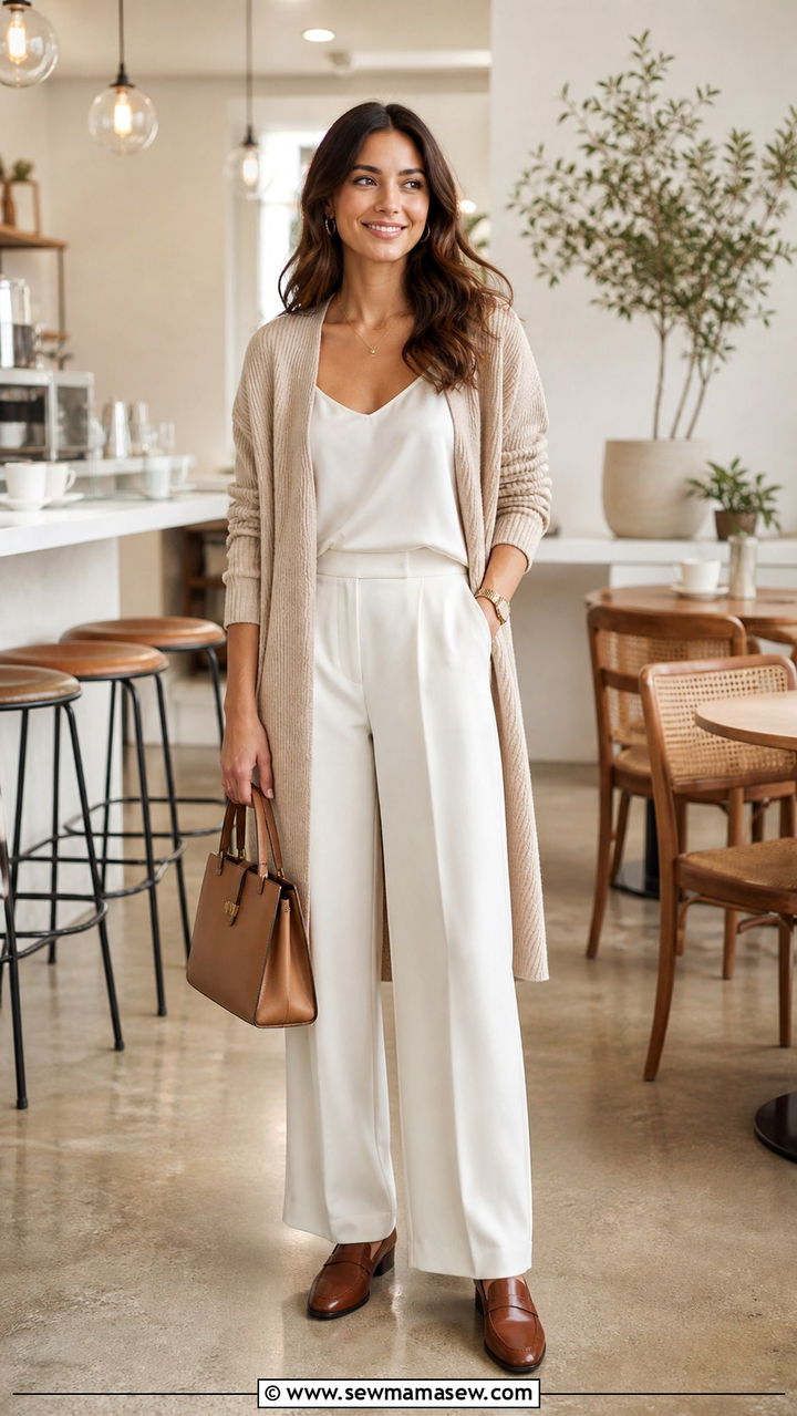Beige Cardigan With Cream Trousers And Loafers Outfit - 40 Beige outfit ideas