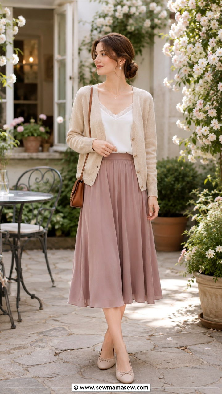 Beige Cardigan With Dusty Mauve Midi Skirt Outfit Light Academia - 30 casual light academia outfits