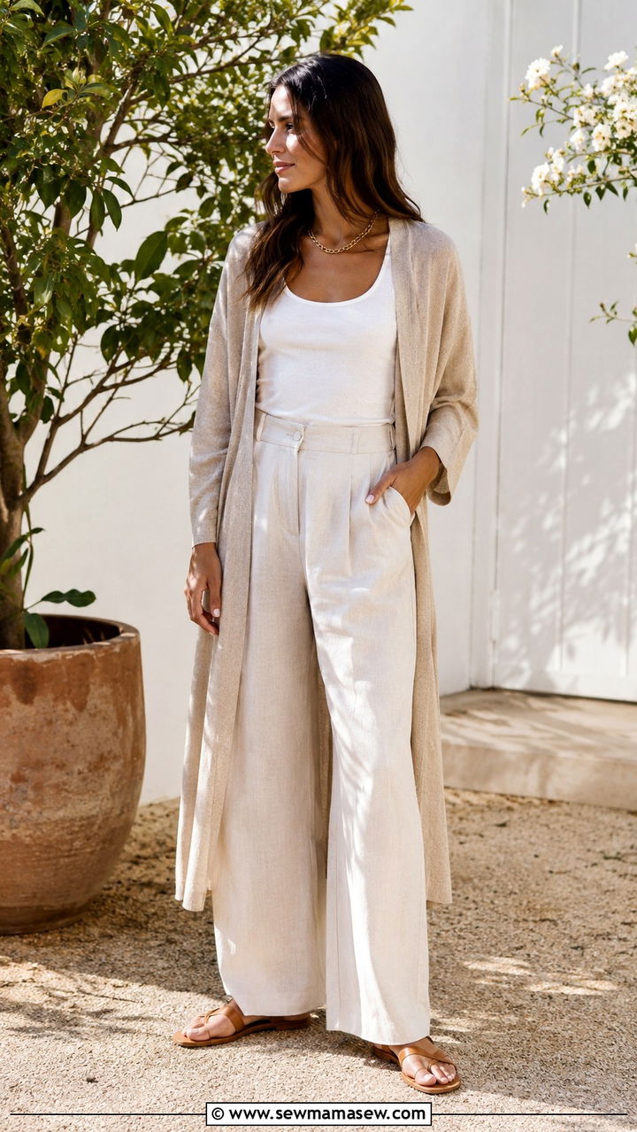 Beige Cardigan With White Tank And Cream Linen Trousers - 30 casual minimalist outfits