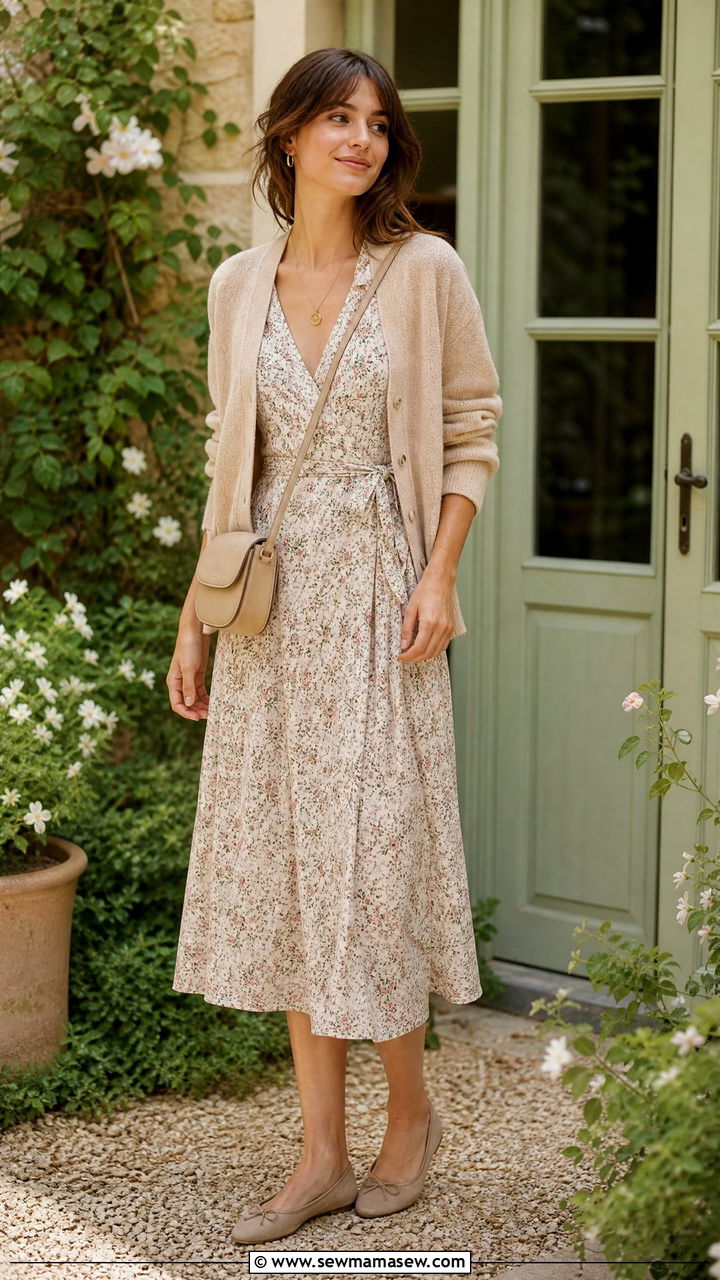 Beige Cardigan and Floral Midi Dress - 30 french girl capsule wardrobe outfits