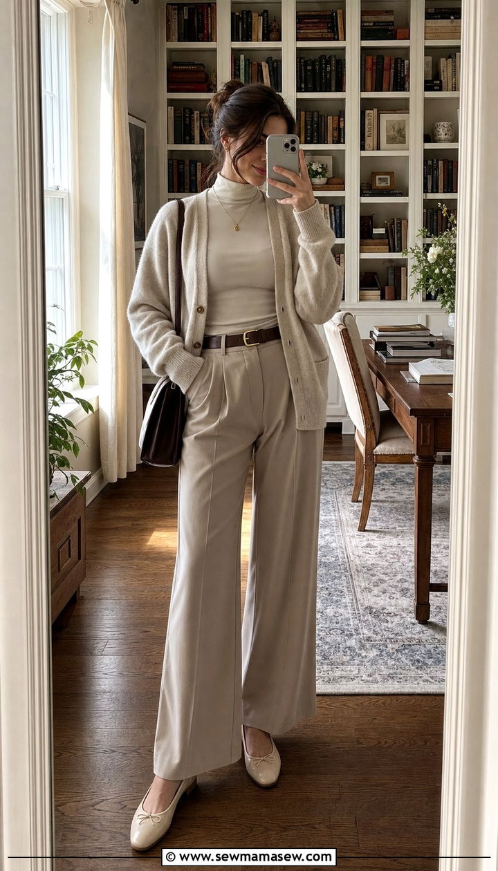 Beige Cardigan with Turtleneck Top and Wide Leg Trousers - 25 classy light academia outfits
