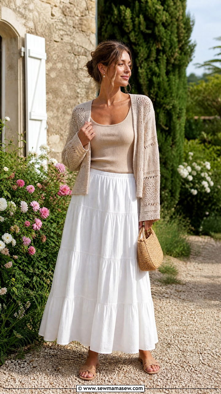 Beige Cardigan with White Tiered Cotton Voile Skirt - 30 Summer outfits in beige