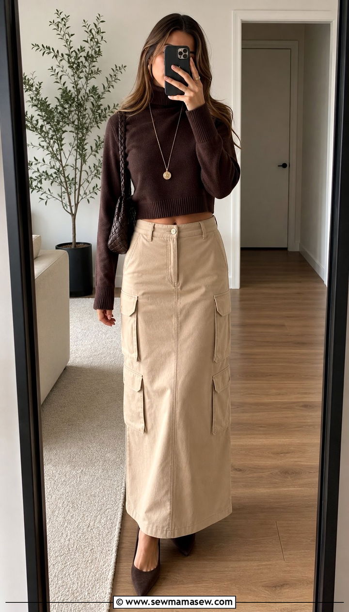 Beige Cargo Maxi Skirt With Cropped Turtleneck And Pointed Toe Flats - 35 cargo skirt outfit ideas