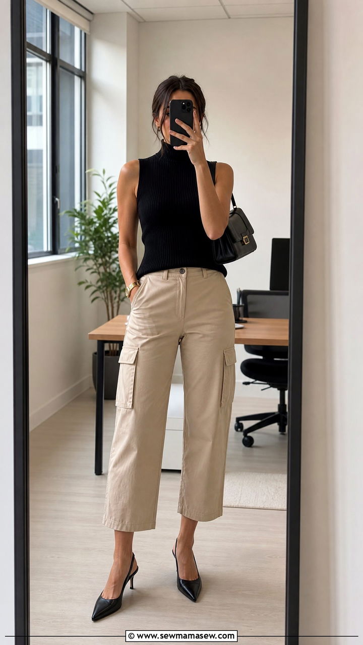 Beige Cargo Pants With A Black Sleeveless Sweater And Slingback Heels - 25 Cargo pants outfit ideas for work