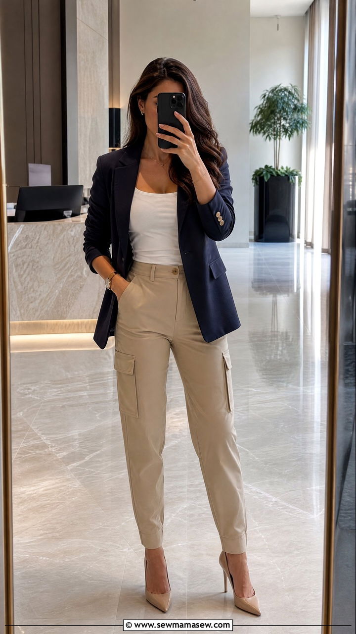 Beige Cargo Pants With A Navy Blazer And Pointed Toe Pumps - 25 Cargo pants outfit ideas for work