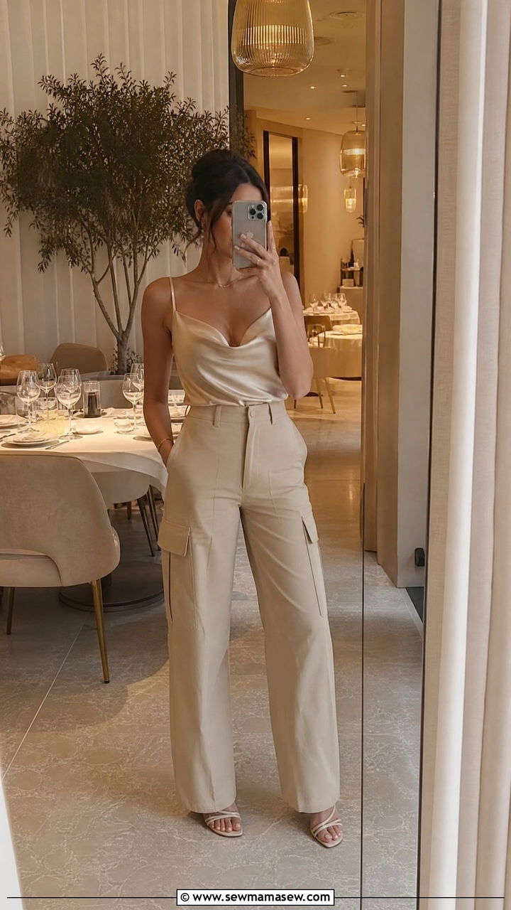 Beige Cargo Pants With A Silky Champagne Camisole And Strappy Heels - 25 cargo pants outfits inspo