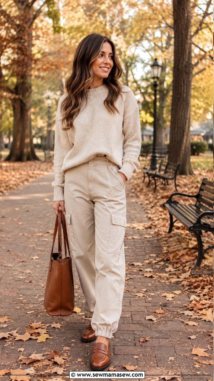 Beige Cargo Pants With Neutral Knit Sweater And Loafers - 20 cargo pants outfits 2026