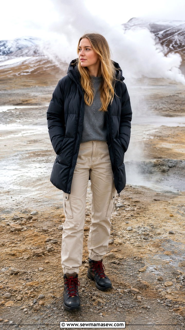 Beige Cargo Pants with Black Puffer and Hiking Boots - 30 Iceland outfit ideas