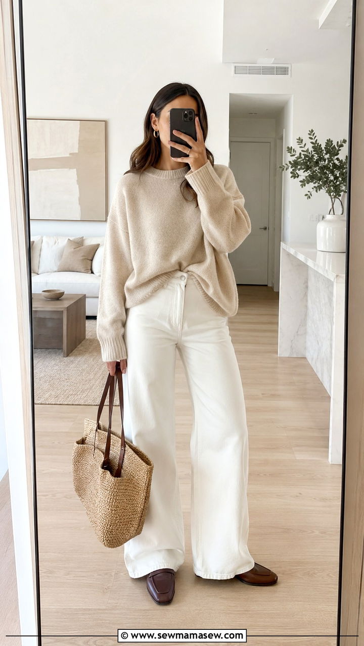 Beige Cashmere Sweater With White Wide Leg Jeans And Loafers - 30 classy fashion inspo outfits