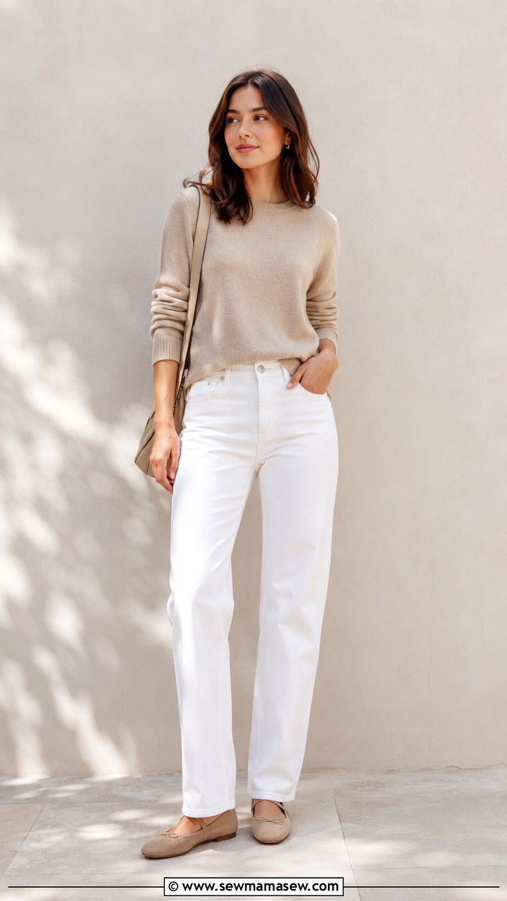 Beige Cashmere Sweater and White Straight Leg Denim Outfit - 30 Quiet luxury wardrobe essentials