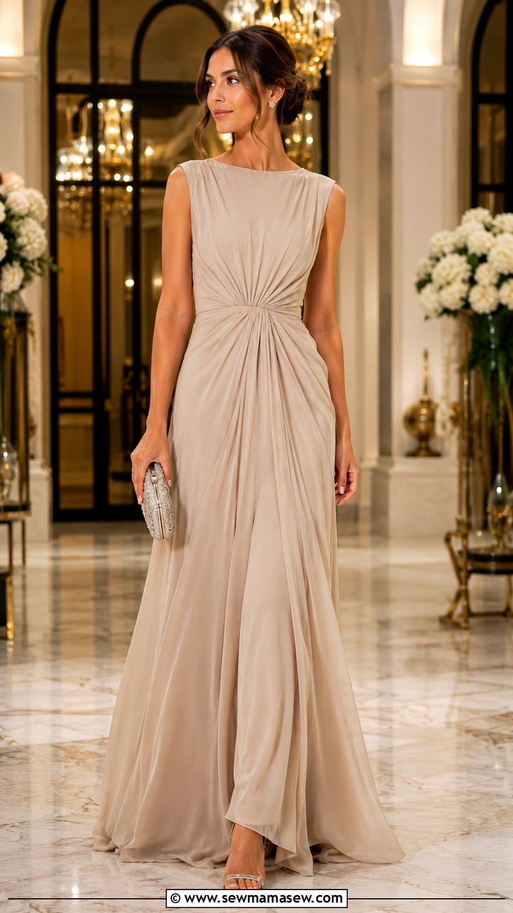 Beige Chiffon Gown With Embellished Clutch - 25 Beige dress outfit ideas for wedding guest
