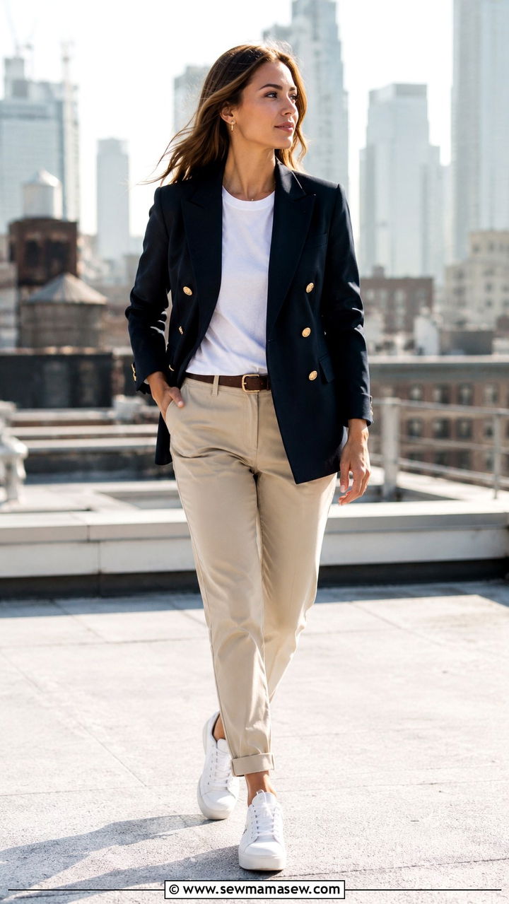 Beige Chinos With Navy Double Breasted Blazer and White Tee - 25 Old money outfit ideas with chinos
