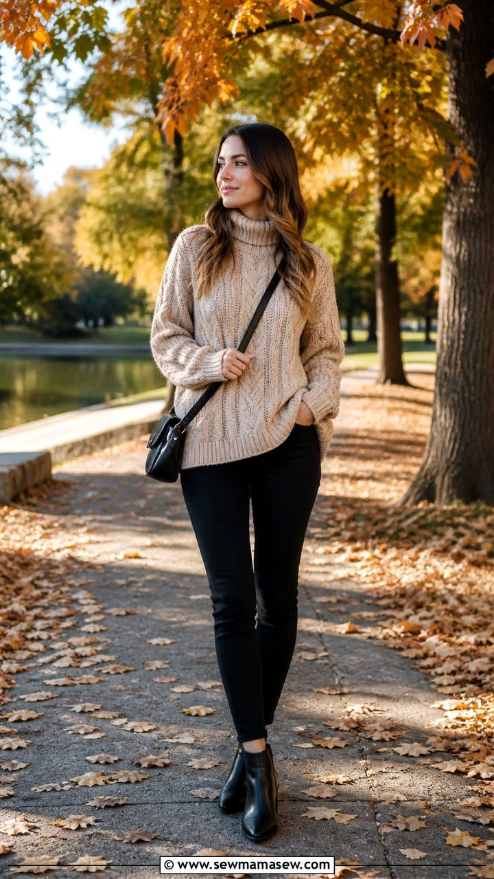 Beige Chunky Knit Sweater With Black Jeans And Ankle Boots - 40 Beige outfit ideas