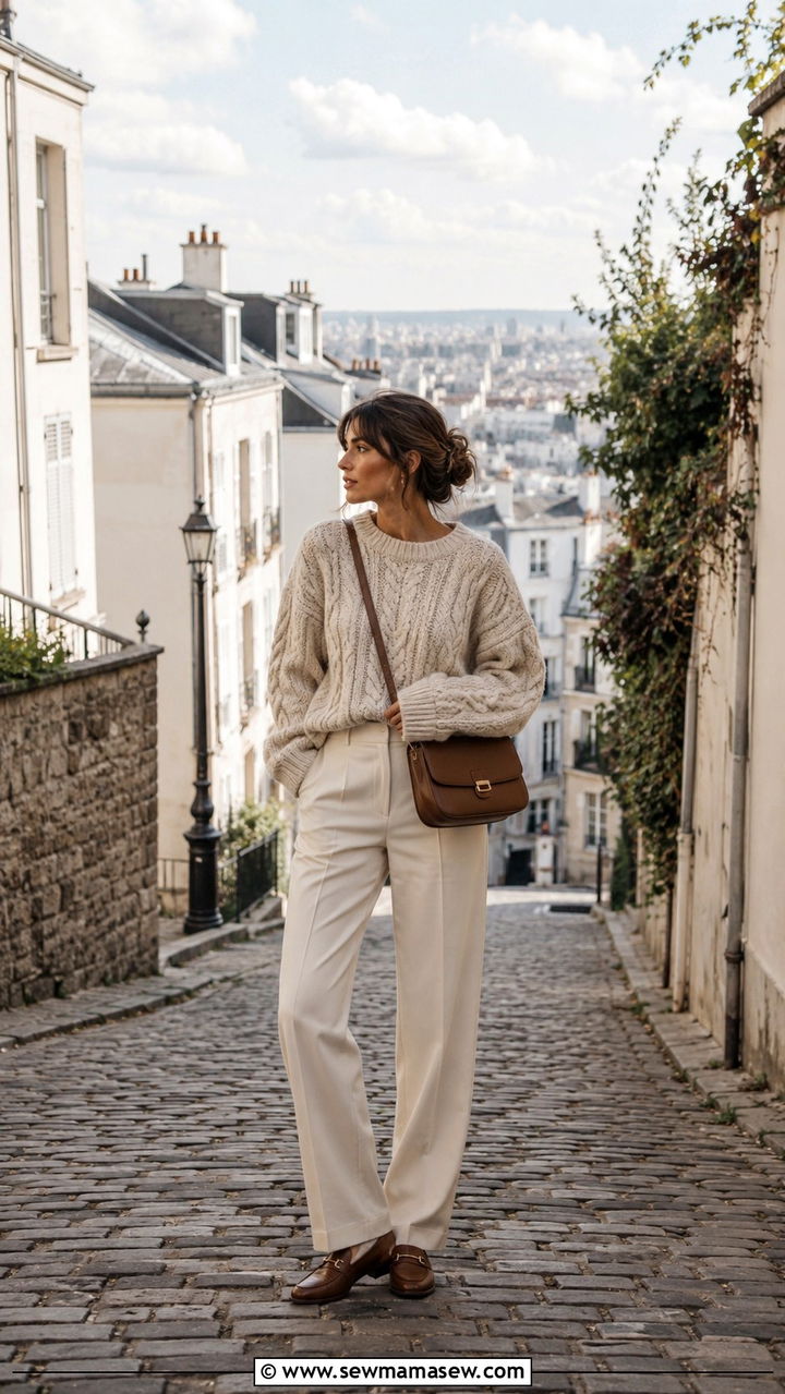 Beige Chunky Knit and Tailored Trousers Outfit - 30 casual parisian outfits
