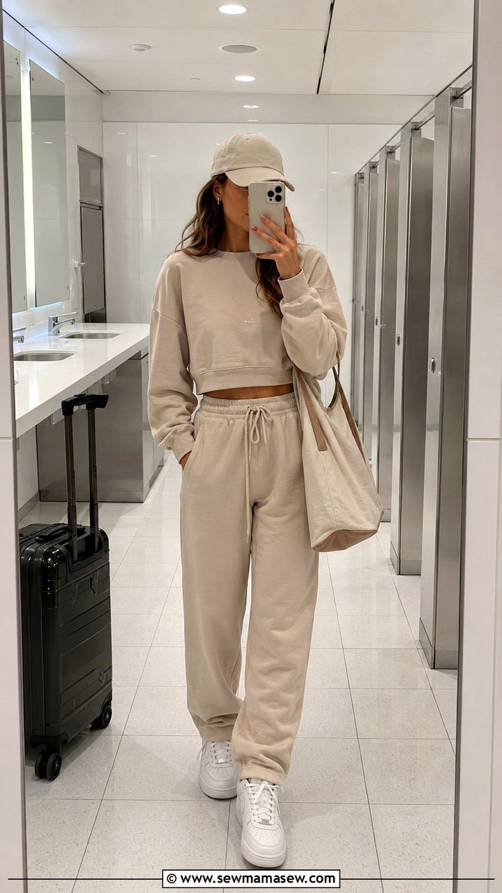 Beige Co ord Set With Baseball Cap - 25 Airport outfit ideas clean girl
