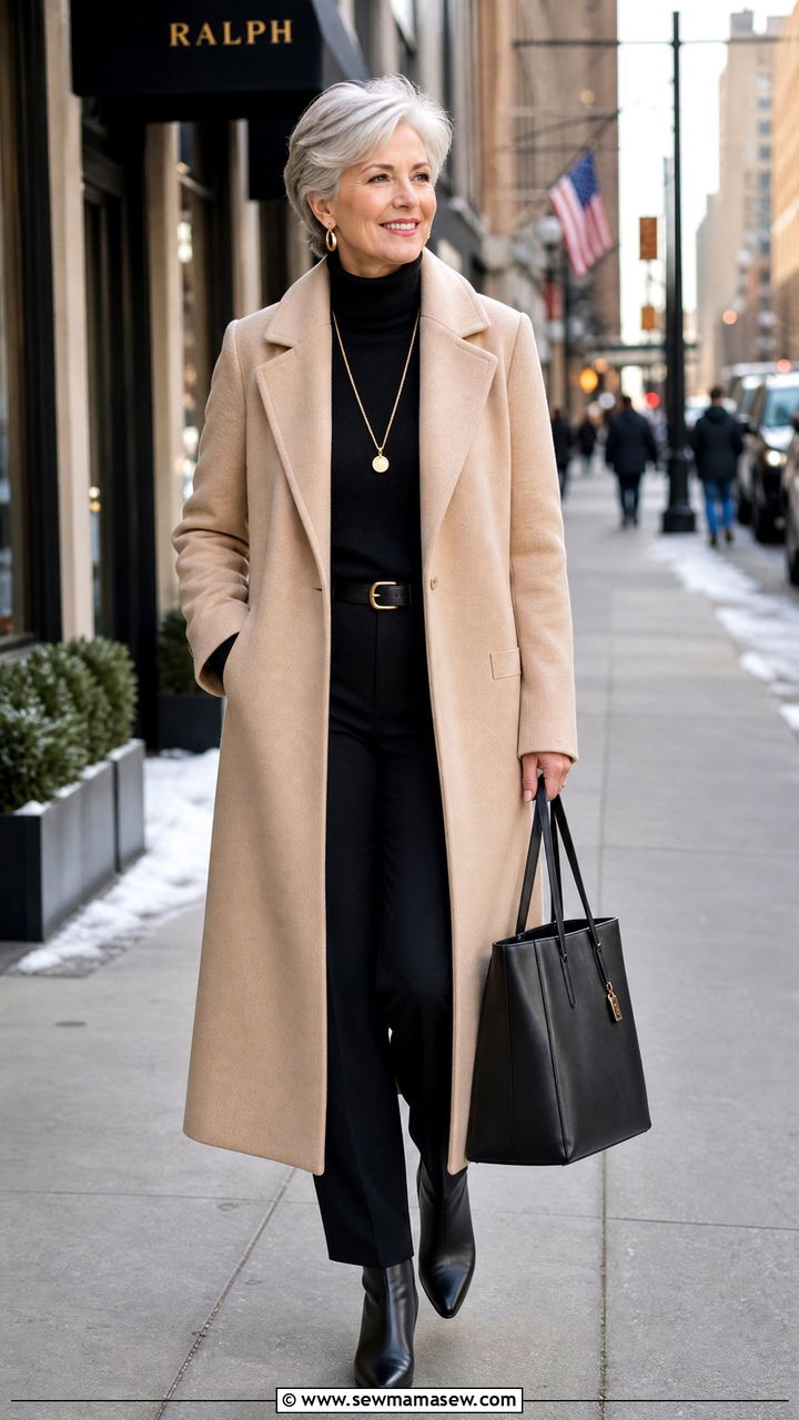 Beige Coat With Black Turtleneck And Trousers - 30 Modest outfits for women over 50