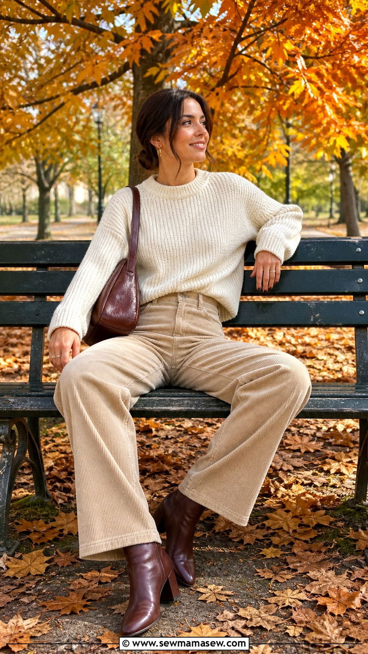 Beige Corduroy Pants With Cream Sweater And Boots Outfit - 40 Beige outfit ideas