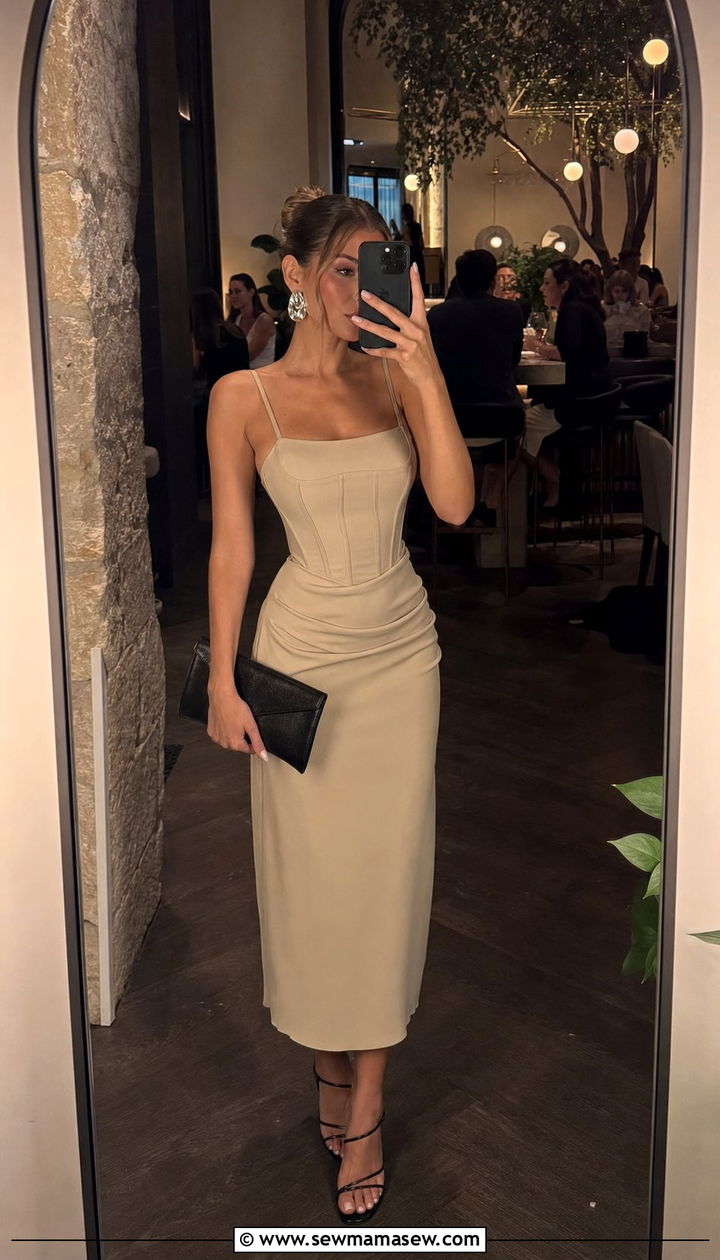 Beige Corset Fitted Dress with Black Strappy Heels - 35 Beige dress outfit ideas summer 2026