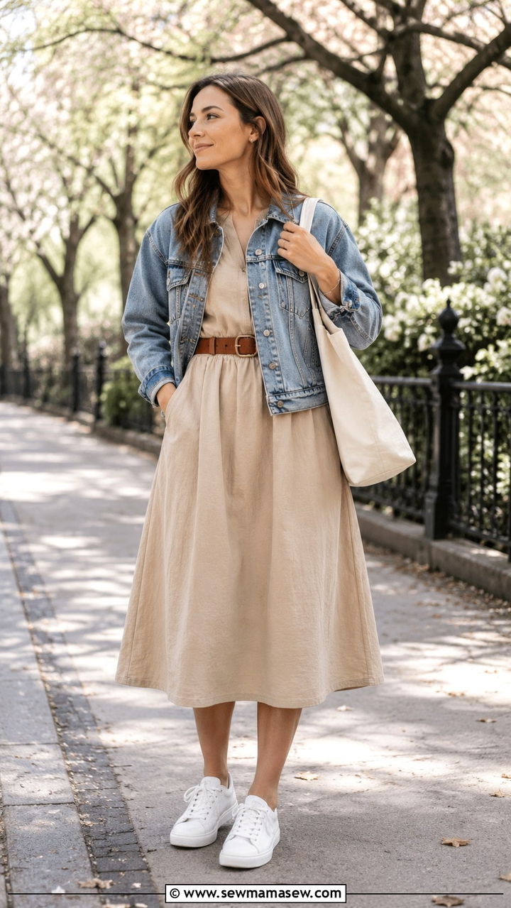 Beige Cotton Dress With A Denim Jacket And White Sneakers - 30 casual clean girl outfits