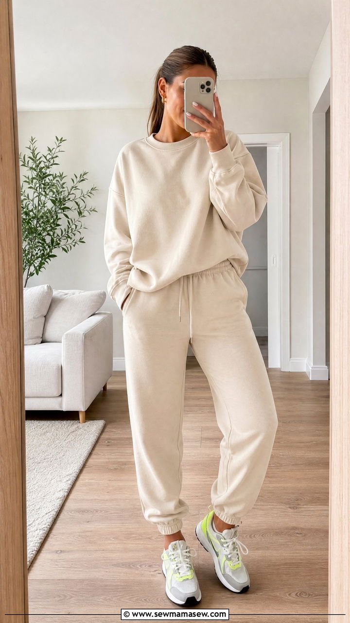 Beige Crewneck Sweatshirt and Sweatpants Set - 25 Beige loungewear set outfit ideas