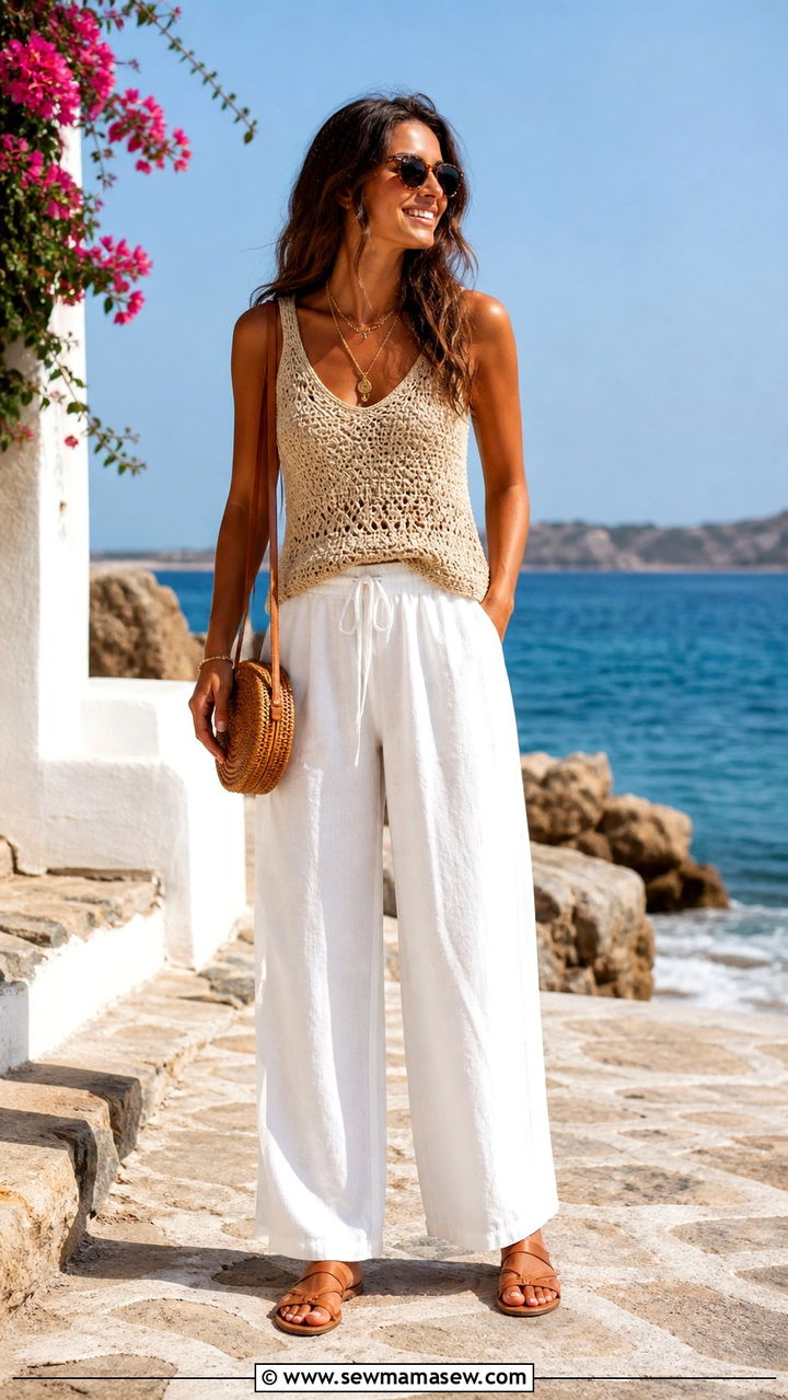 Beige Crochet Top With Wide Leg White Trousers Outfit - 40 Beige outfit ideas